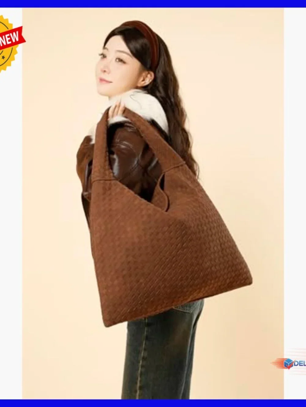 Large Vegan Leather Woven Tote Hobo Shoulder Bag Handcrafted - Picture 2 of 7